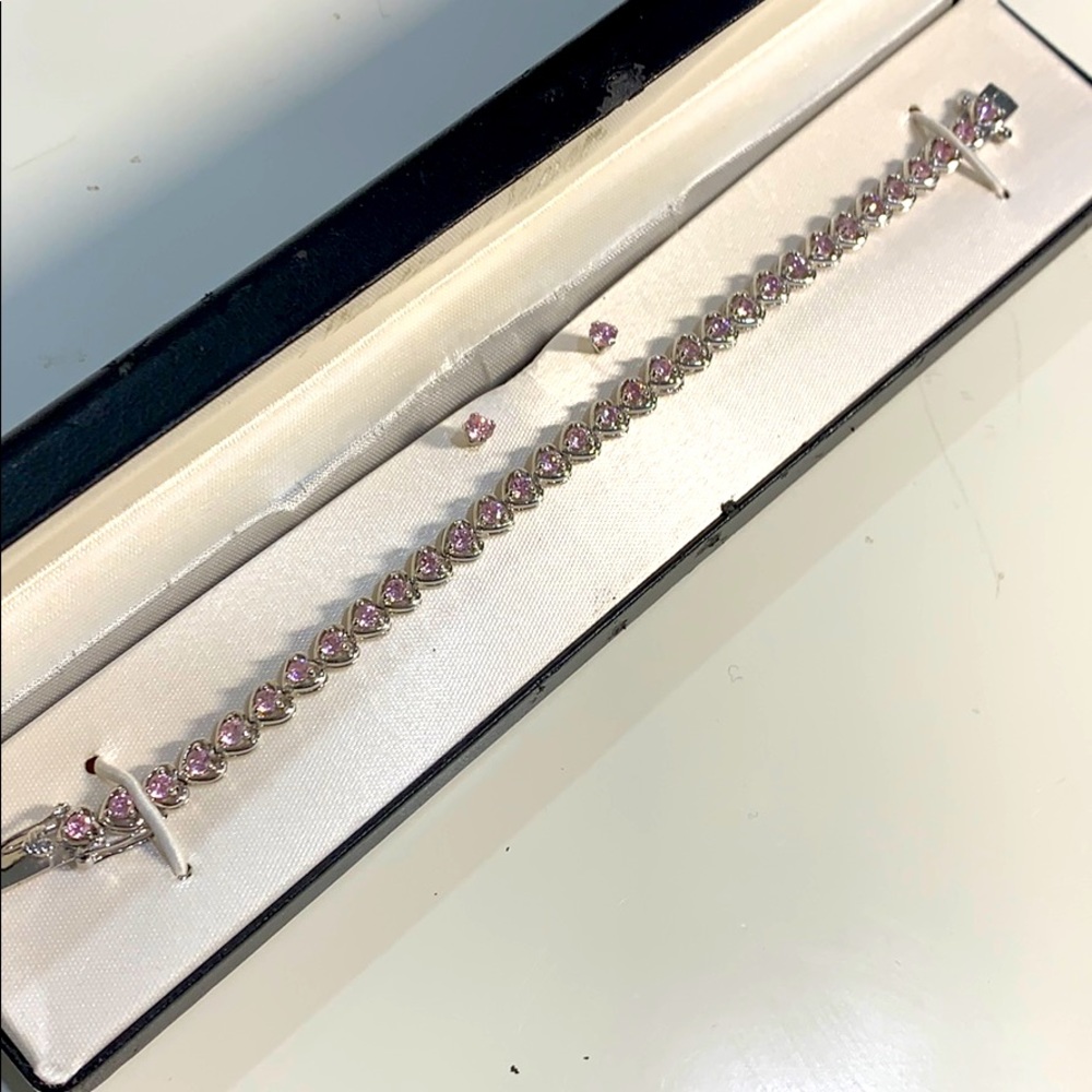 Sterling silver pink heart bracelet earring ring